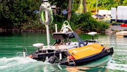 The underwater mapping system being tested on a lake near Karlsruhe, Germany. The surface vessel moves autonomously, avoiding obstacles while mapping the bottom of the lake. The underwater mapping system being tested on a lake near Karlsruhe, Germany. The surface vessel moves autonomously, avoiding obstacles while mapping the bottom of the lake.