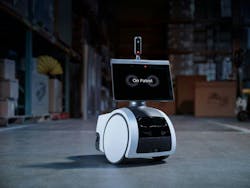 Figure 1: Amazon in 2023 launched Astro for Business, a security robot for small- and medium-sized businesses. Astro for Business can map up to 5,000 sq ft, and business owners can use live view, two-way talk, Astro&rsquo;s HD periscope camera with night vision, and visual ID to receive smart alerts about unrecognized people.