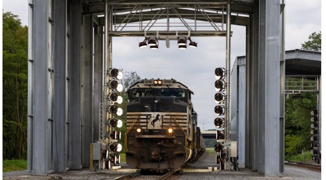 Figure 1: Train inspection portals combine high-resolution cameras, stadium lights and AI algorithms to capture and then analyze images of trains moving at up to 60 mph.