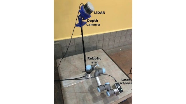 Figure 1: In an experimental setup, a robot arm moves a laser scanner over a crack in a concrete specimen, while a LiDAR sensor collects information on the surrounding environment.