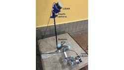 Figure 1: In an experimental setup, a robot arm moves a laser scanner over a crack in a concrete specimen, while a LiDAR sensor collects information on the surrounding environment. Figure 1: In an experimental setup, a robot arm moves a laser scanner over a crack in a concrete specimen, while a LiDAR sensor collects information on the surrounding environment.