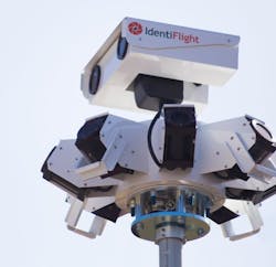 An IdentiFlight station has eight wide FOV cameras and two high resolution stereo cameras mounted atop a tall pole. These are wired to a computer server in a control cabinet at the base of the station. An IdentiFlight station has eight wide FOV cameras and two high resolution stereo cameras mounted atop a tall pole. These are wired to a computer server in a control cabinet at the base of the station.