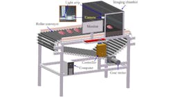 Figure 2: The inspection system includes a custom-designed roller conveyor system, LiDAR camera, computer, monitor, and enclosed imaging chamber. Figure 2: The inspection system includes a custom-designed roller conveyor system, LiDAR camera, computer, monitor, and enclosed imaging chamber.