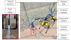 Figure 1: Researchers from Texas A&M University created a robotic weeding system using heat from a flamethrower. The system incudes one RGB-D camera and two thermal cameras. Figure 1: Researchers from Texas A&M University created a robotic weeding system using heat from a flamethrower. The system incudes one RGB-D camera and two thermal cameras.