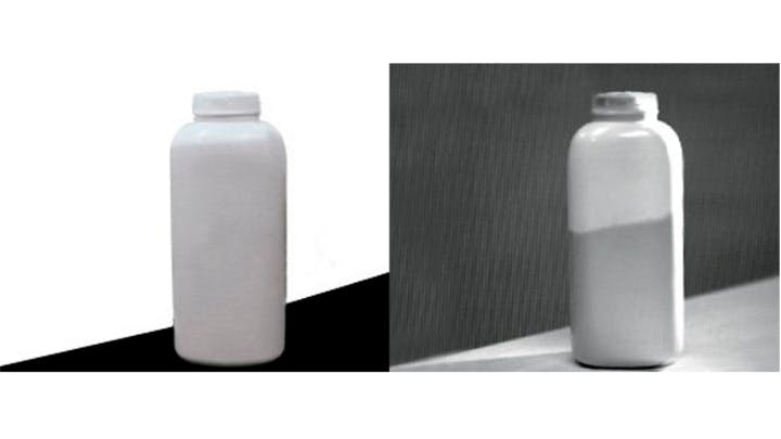 Figure 1: SWIR cameras and lenses can look through some objects that are opaque under visible light, like this white bottle, to reveal the hidden substances inside them.