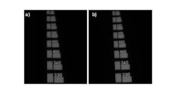Figure 5: On-axis comparison of two 5X objectives using a USAF resolution test target, showing both achieving >20% contrast at 360 lp/mm. Figure 5: On-axis comparison of two 5X objectives using a USAF resolution test target, showing both achieving >20% contrast at 360 lp/mm.