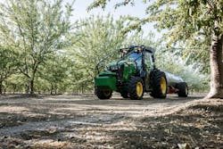 Figure 2: The Autonomous 5ML Orchard Tractor for Air Blast Spraying has LiDAR sensors to help it navigate in orchards because dense tree canopies can disrupt satellite-based guidance. Figure 2: The Autonomous 5ML Orchard Tractor for Air Blast Spraying has LiDAR sensors to help it navigate in orchards because dense tree canopies can disrupt satellite-based guidance.