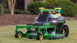 Figure 4: The autonomous commercial mower leverages four pairs of stereo cameras and is powered with sealed lithium-ion batteries. Figure 4: The autonomous commercial mower leverages four pairs of stereo cameras and is powered with sealed lithium-ion batteries.