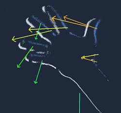 Figure 3: Event-based data already provides the raw information needed to analyze the location, direction and speed of pixels and objects. (This is visualized in the image with motion vectors.) Figure 3: Event-based data already provides the raw information needed to analyze the location, direction and speed of pixels and objects. (This is visualized in the image with motion vectors.)