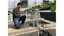 Figure 1: Chenchen Kang, lead author of the Penn State Study, works on machine vision system to monitor bok choy grown in a greenhouse.