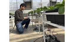 Figure 1: Chenchen Kang, lead author of the Penn State Study, works on machine vision system to monitor bok choy grown in a greenhouse. Figure 1: Chenchen Kang, lead author of the Penn State Study, works on machine vision system to monitor bok choy grown in a greenhouse.