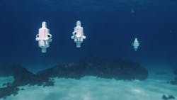 Figure 1: Three Hydrus drones descending to the sea floor at Hall Bank coral reef, off the coast of Western Australia. Figure 1: Three Hydrus drones descending to the sea floor at Hall Bank coral reef, off the coast of Western Australia.