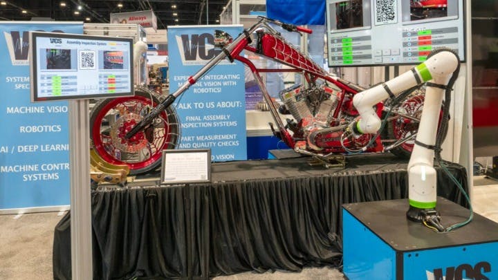 Figure 1: At a recent trade show, Vision and Control Systems showcased an end-of-line inspection system featuring a motorcycle. The system included two FANUC CRX cobots and two Cognex vision systems.