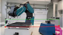 Figure 1: The lab automation system uses 3D reconstruction for planning robot's motion. The red line is the shortest distance, while the green pathway represents the obstacle-free pathway.