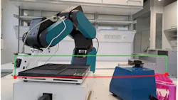 Figure 1: The lab automation system uses 3D reconstruction for planning robot's motion. The red line is the shortest distance, while the green pathway represents the obstacle-free pathway. Figure 1: The lab automation system uses 3D reconstruction for planning robot's motion. The red line is the shortest distance, while the green pathway represents the obstacle-free pathway.