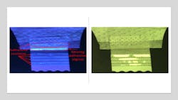 Figure 2: Image of a diaper tab under a 285 nm LED illuminator (left), compared with RGB image under ambient light (right). Figure 2: Image of a diaper tab under a 285 nm LED illuminator (left), compared with RGB image under ambient light (right).