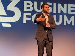 Alex Shikany, executive vice president of A3, offers economic insights at the 2026 A3 Business Forum in Orlando, Fla. Alex Shikany, executive vice president of A3, offers economic insights at the 2026 A3 Business Forum in Orlando, Fla.