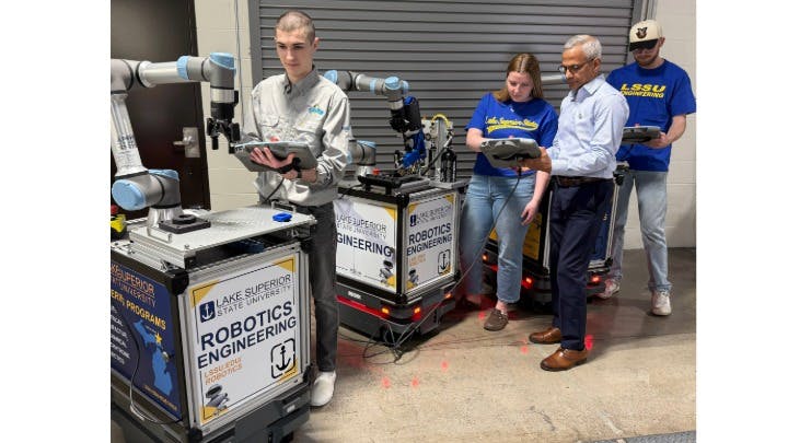 Professor Jim Devaprasad (second from right) 2026 A3 Educator of the Year, with students in his robotics class at Lake Superior State University.