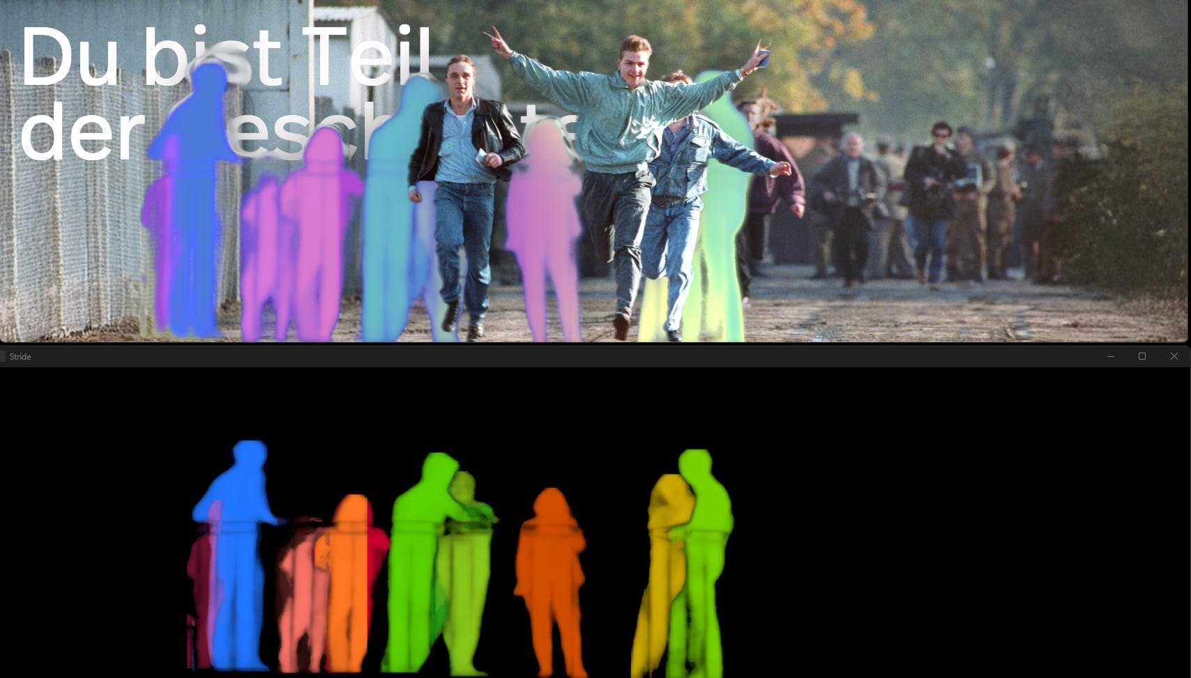 Detected silhouettes of visitors; top: Integration of the silhouettes into the scene.