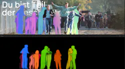 Detected silhouettes of visitors; top: Integration of the silhouettes into the scene.