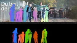 Detected silhouettes of visitors; top: Integration of the silhouettes into the scene.