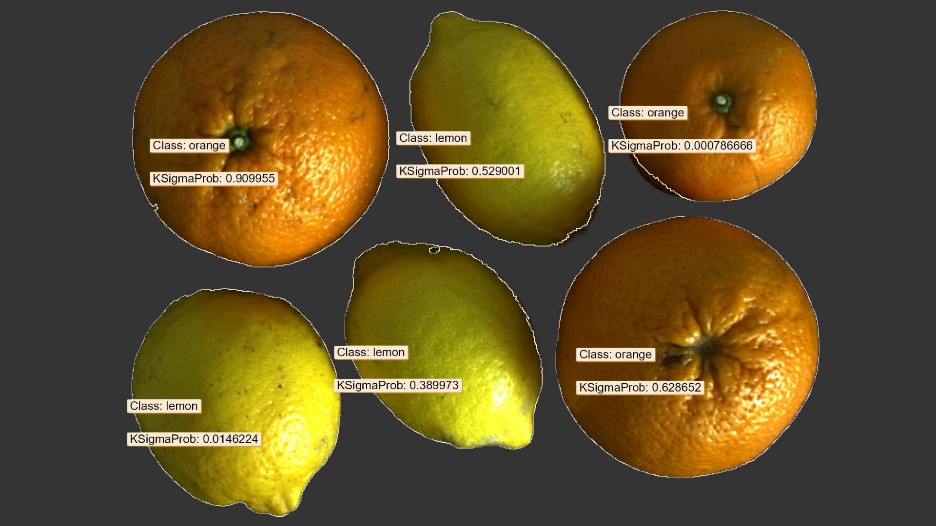 In this example, a GMM-based model is used for simple fruit classification. The selected features are object circularity and area, though additional features such as color could be added to improve robustness. The key point is that the classifier can be trained and tuned with relatively little manual effort, making it a practical option for straightforward sorting or inspection tasks. (Images and test algorithms copyright MVTec.)