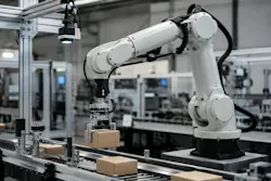 Rendition of a robot arm in a factory performing pick-and-place actions using a live camera feed.