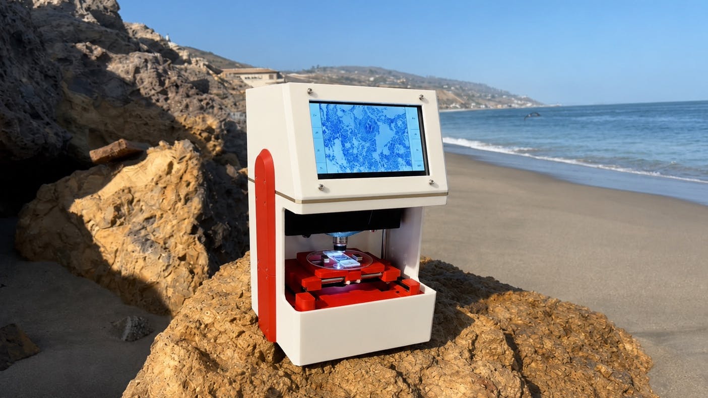 White-and-red SCANIMUS research-use-only scanning-microscopy device positioned on a sunlit coastal rock, with a sandy beach, ocean, cliffs, and blue sky behind it.
